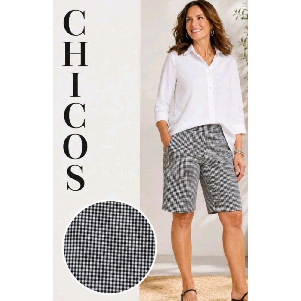 CHICOS Womens 1/8 Pull-On Bermuda Shorts Black White Checked Preppy Tummy Tuck